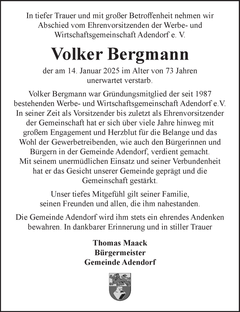  Traueranzeige für Volker Bergmann vom 25.01.2025 aus LZ