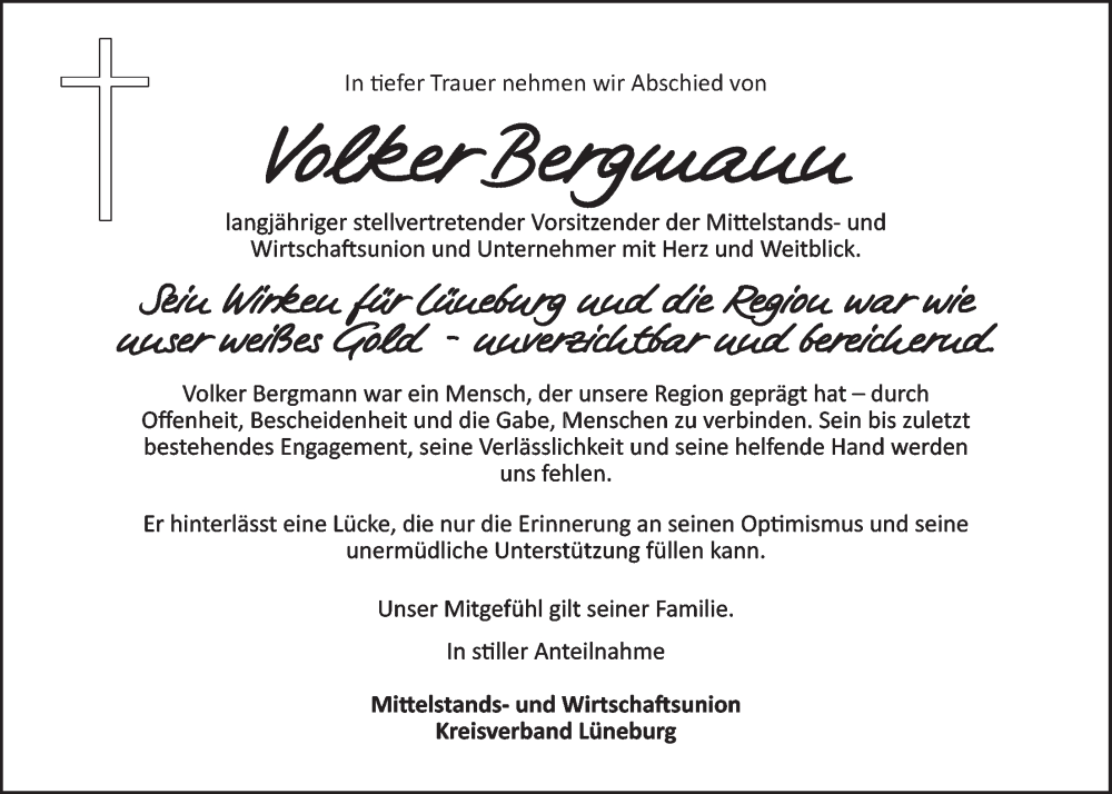  Traueranzeige für Volker Bergmann vom 25.01.2025 aus LZ