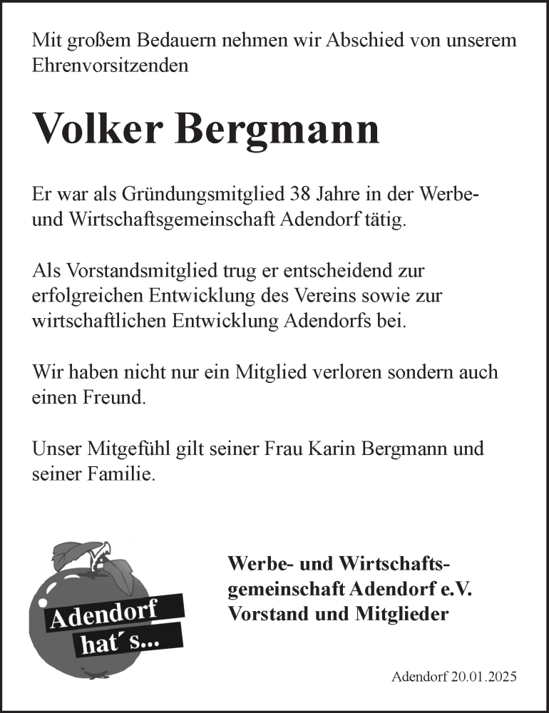  Traueranzeige für Volker Bergmann vom 25.01.2025 aus LZ