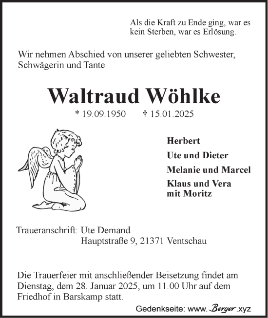 Anzeige von Waltraud Wöhlke von LZ