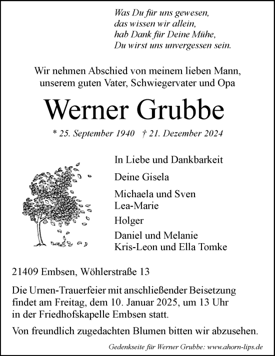 Anzeige von Werner Grubbe von LZ