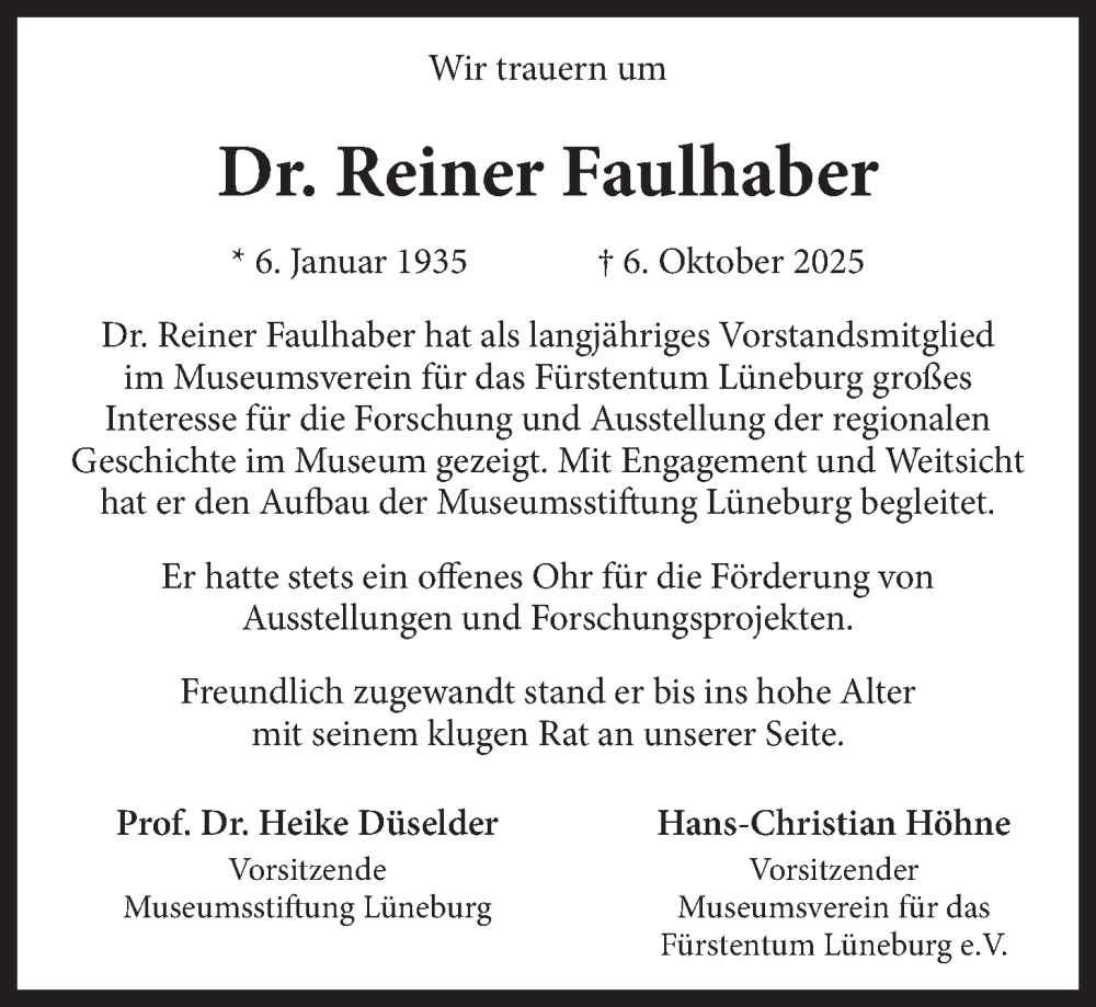  Traueranzeige für Reiner Faulhaber vom 11.10.2025 aus LZ