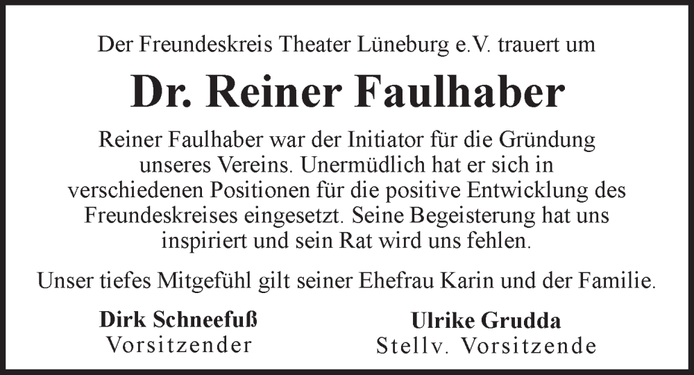  Traueranzeige für Reiner Faulhaber vom 11.10.2025 aus LZ