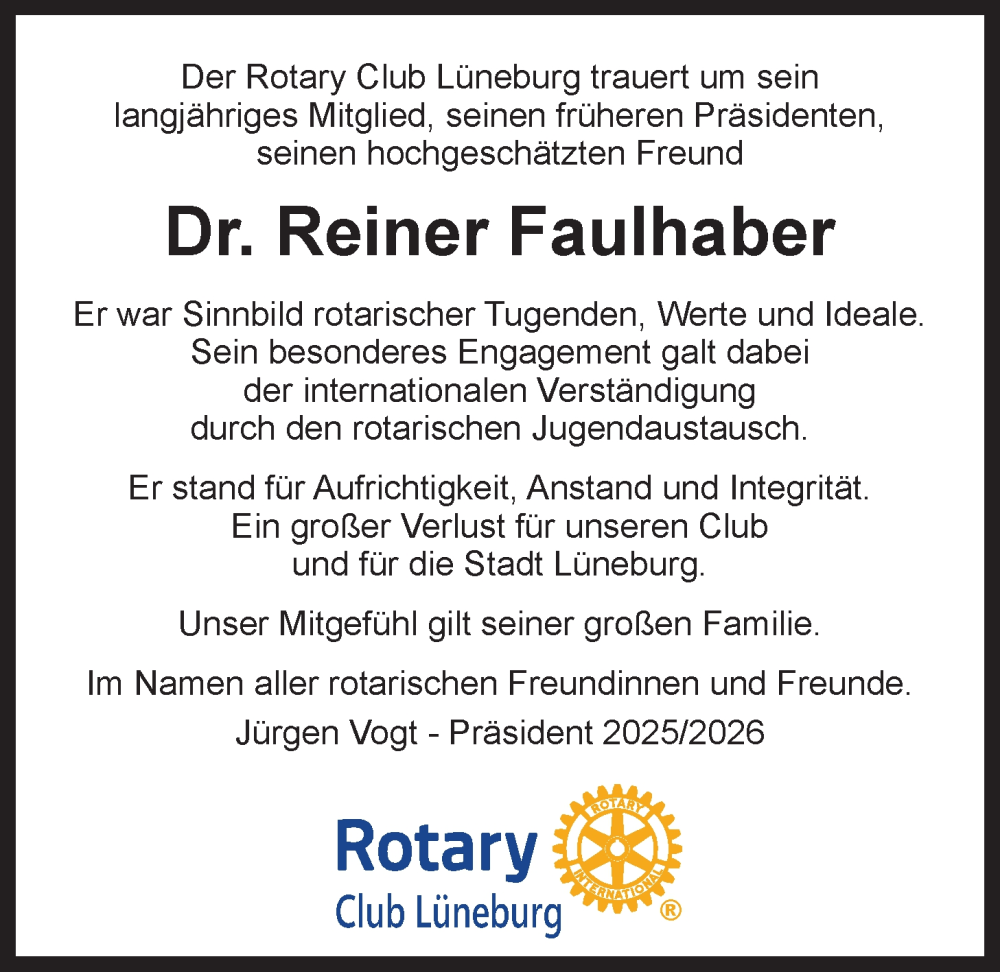  Traueranzeige für Reiner Faulhaber vom 11.10.2025 aus LZ