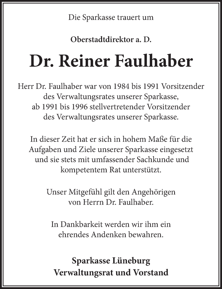  Traueranzeige für Reiner Faulhaber vom 15.10.2025 aus LZ