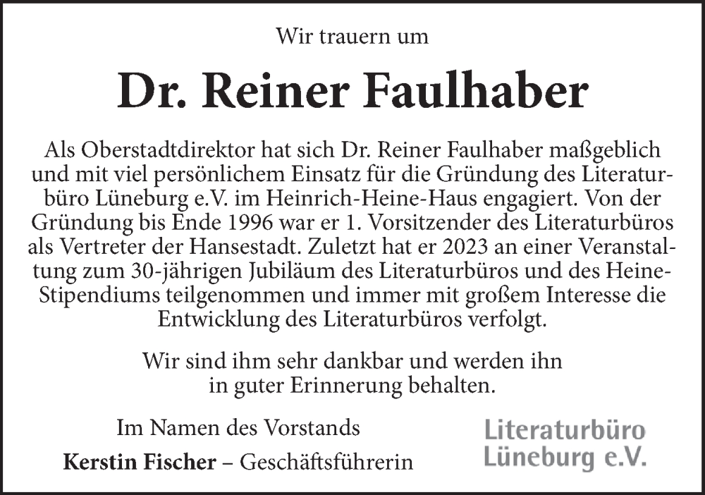 Traueranzeige für Reiner Faulhaber vom 18.10.2025 aus LZ