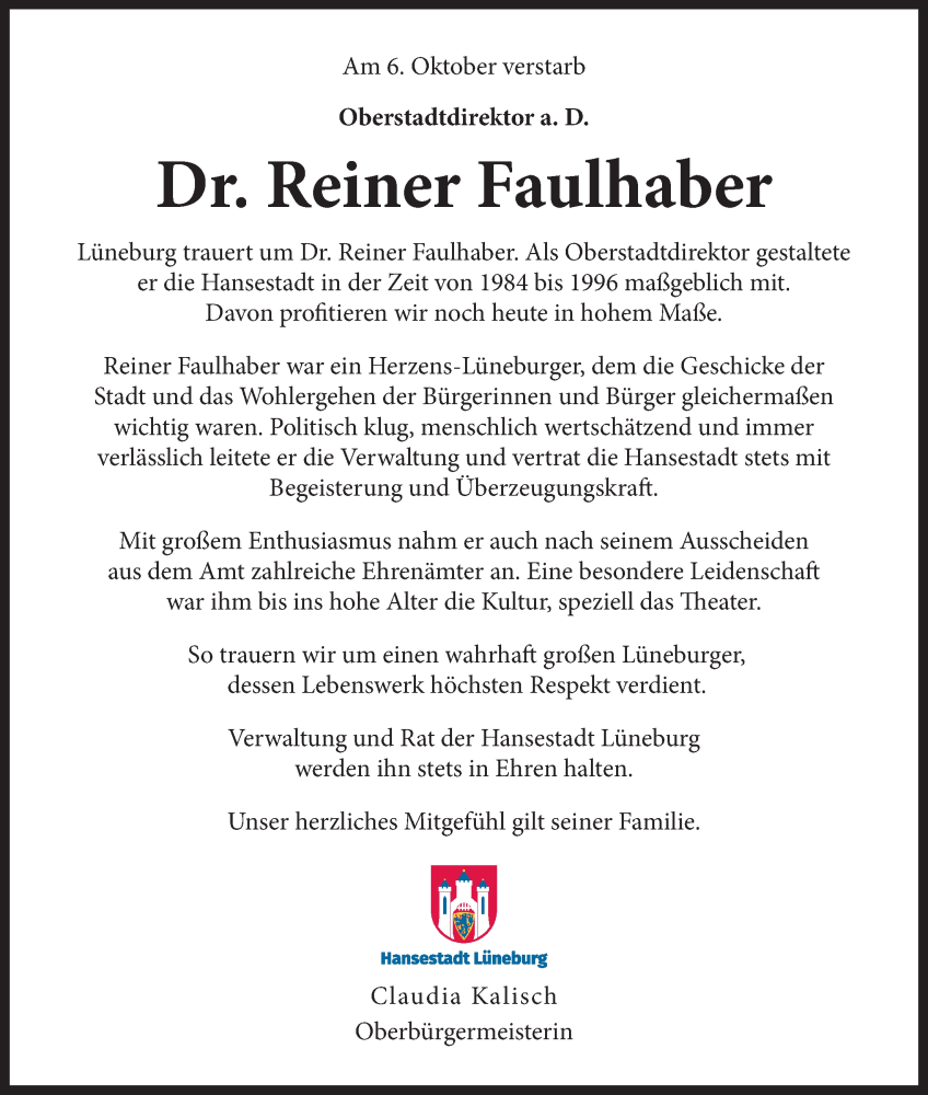  Traueranzeige für Reiner Faulhaber vom 11.10.2025 aus LZ
