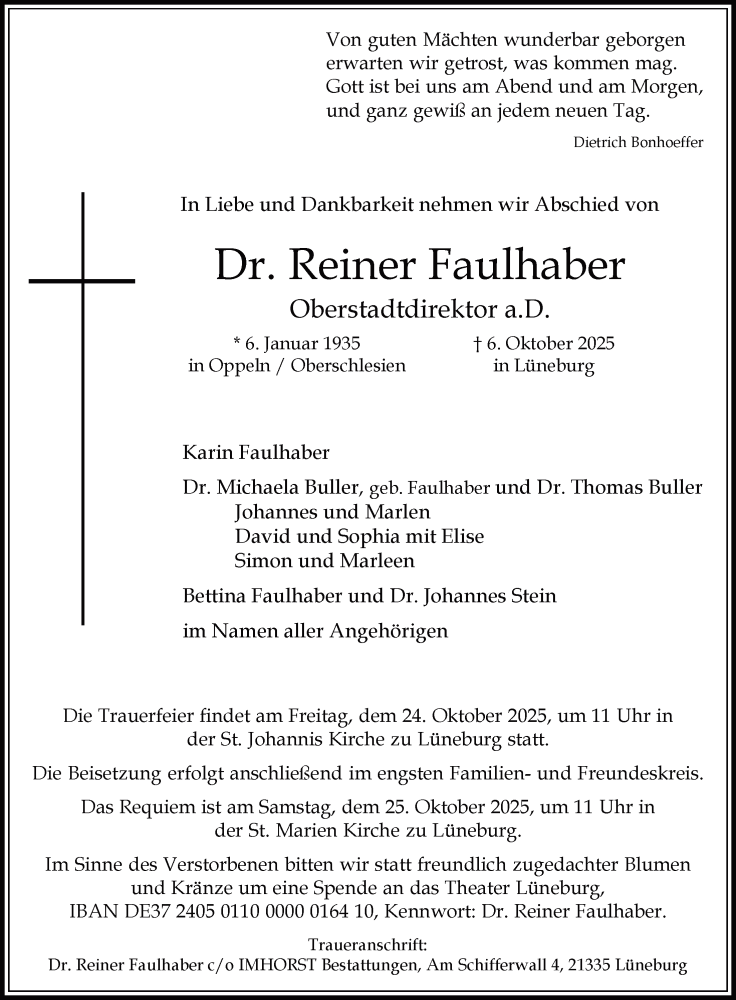  Traueranzeige für Reiner Faulhaber vom 11.10.2025 aus LZ