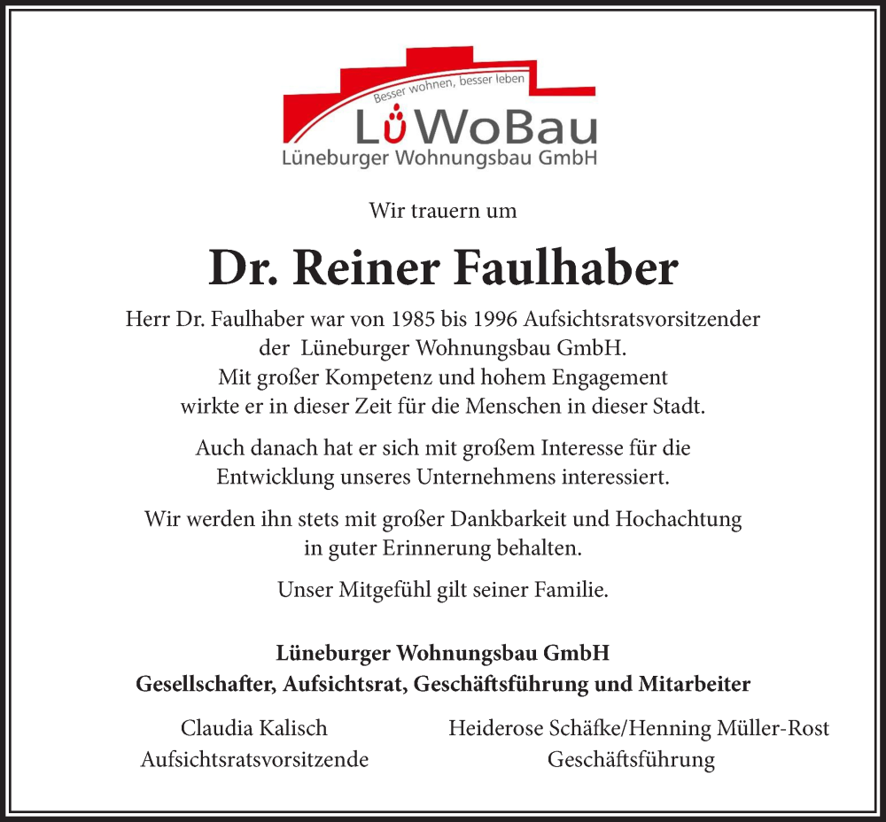  Traueranzeige für Reiner Faulhaber vom 11.10.2025 aus LZ