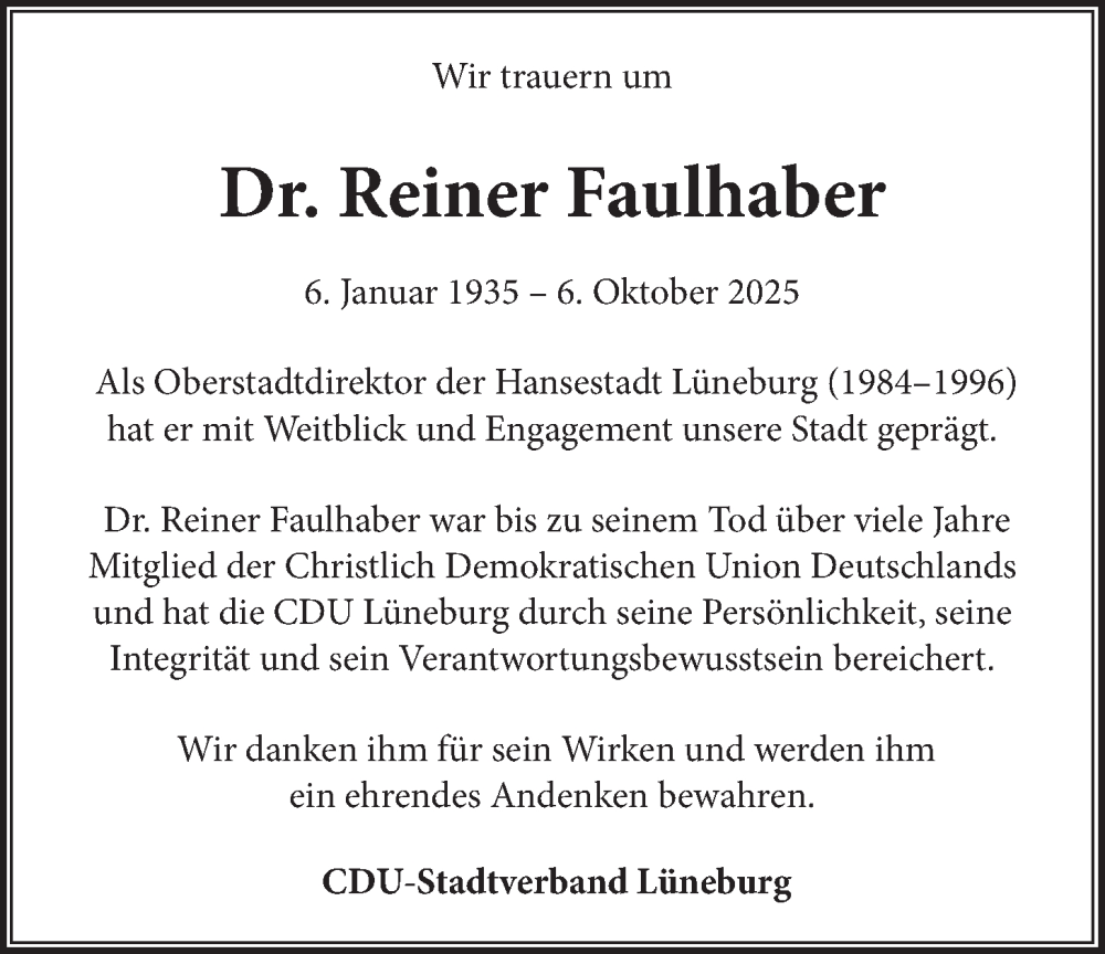  Traueranzeige für Reiner Faulhaber vom 11.10.2025 aus LZ