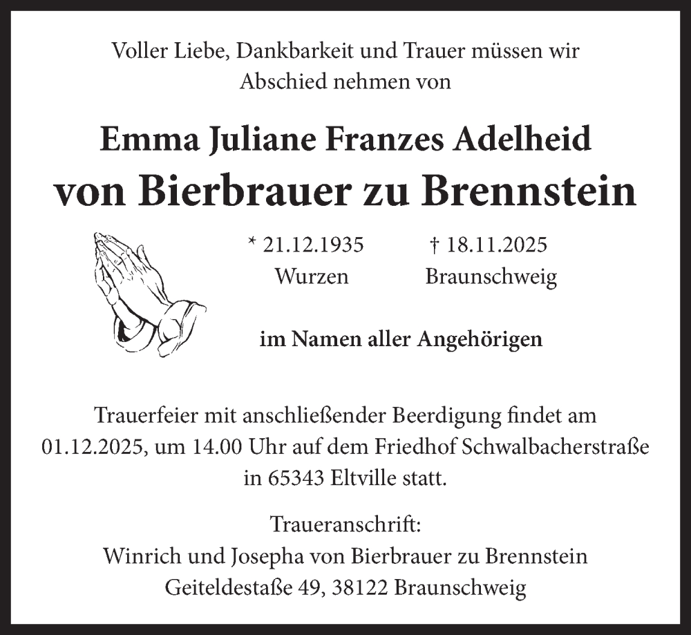  Traueranzeige für Emma Juliane Franzes Adelheid von Bierbrauer zu Brennstein vom 26.11.2025 aus LZ