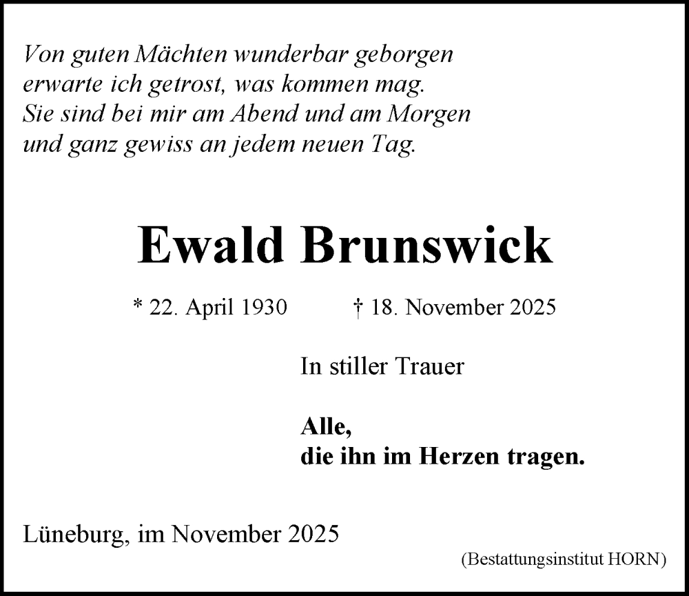  Traueranzeige für Ewald Brunswick vom 22.11.2025 aus LZ