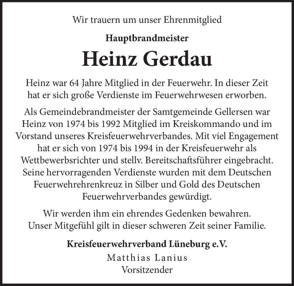  Traueranzeige für Heinz Gerdau vom 21.11.2025 aus LZ