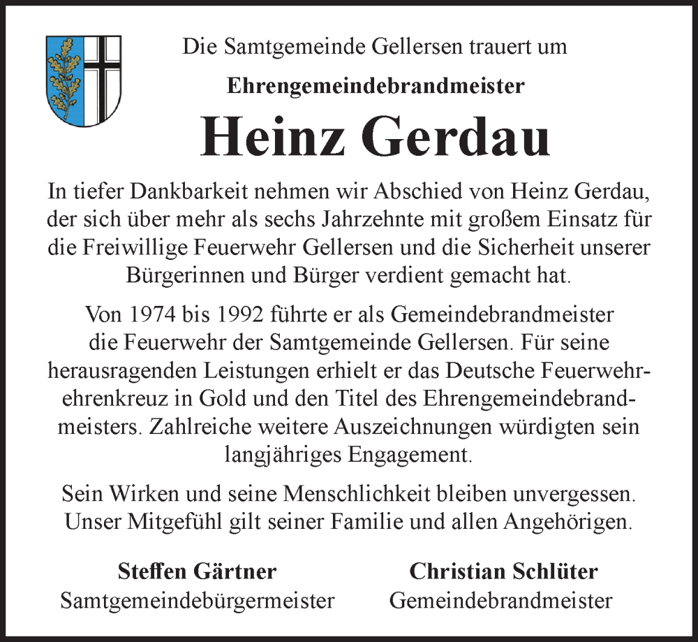  Traueranzeige für Heinz Gerdau vom 22.11.2025 aus LZ