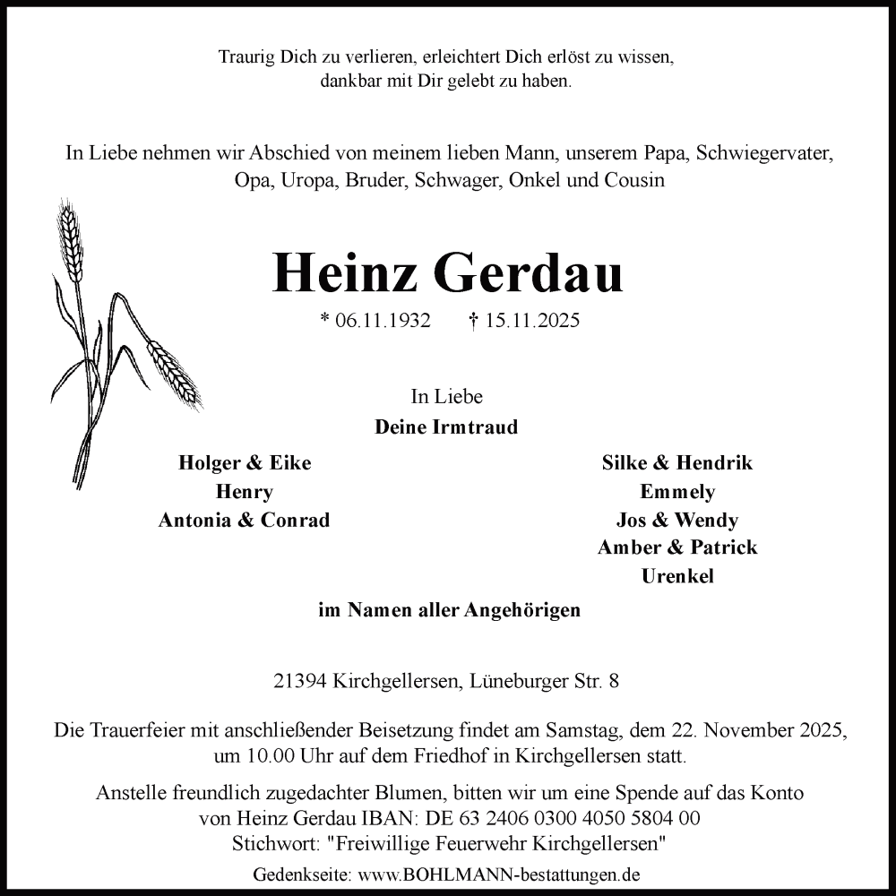  Traueranzeige für Heinz Gerdau vom 20.11.2025 aus LZ