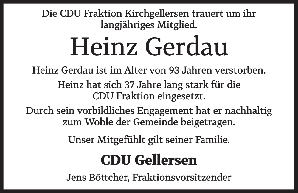  Traueranzeige für Heinz Gerdau vom 20.11.2025 aus LZ