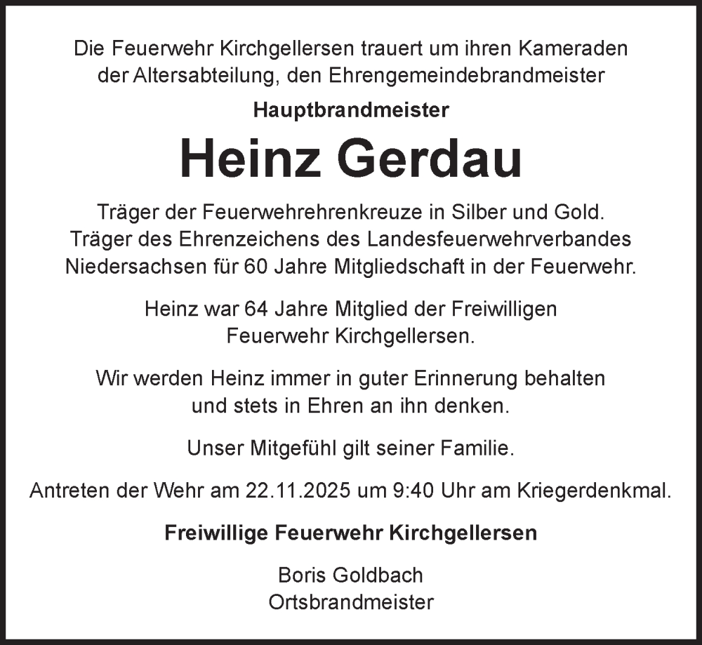  Traueranzeige für Heinz Gerdau vom 20.11.2025 aus LZ