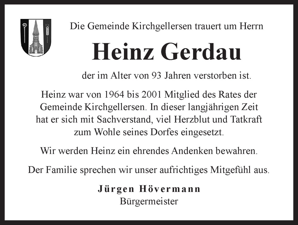  Traueranzeige für Heinz Gerdau vom 20.11.2025 aus LZ
