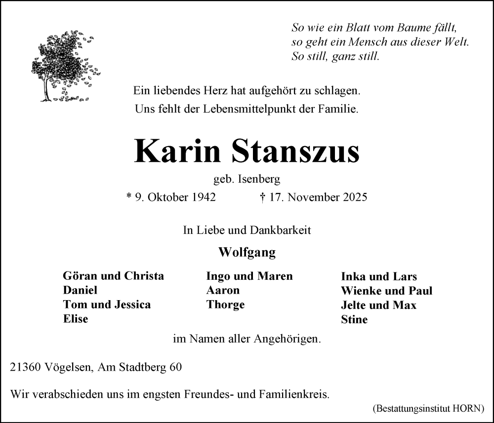  Traueranzeige für Karin Stanszus vom 22.11.2025 aus LZ