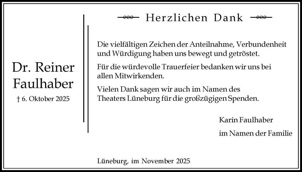  Traueranzeige für Reiner Faulhaber vom 15.11.2025 aus LZ