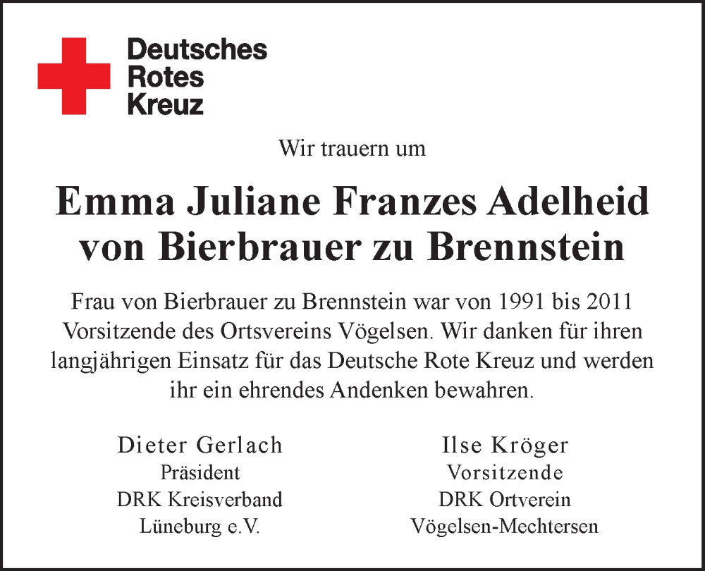  Traueranzeige für Emma Juliane Franzes Adelheid von Bierbrauer zu Brennstein vom 13.12.2025 aus LZ
