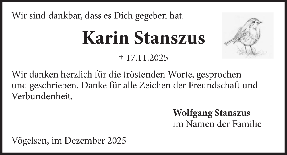  Traueranzeige für Karin Stanszus vom 13.12.2025 aus LZ