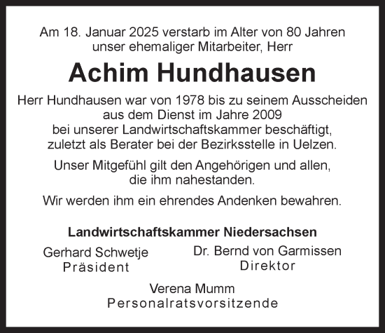 Anzeige von Achim Hundhausen von LZ