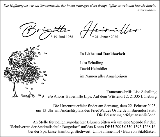 Anzeige von Brigitte Heimüller von LZ