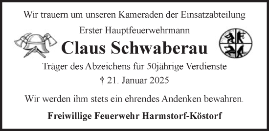 Anzeige von Claus Schwaberau von LZ