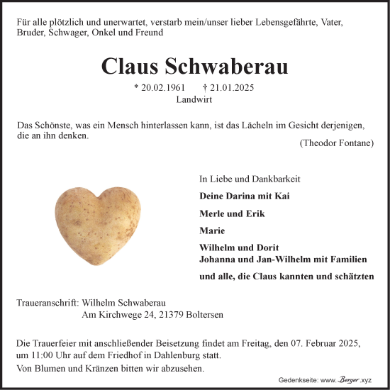 Anzeige von Claus Schwaberau von LZ