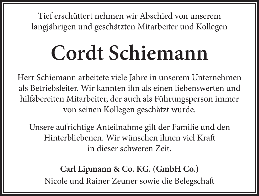  Traueranzeige für Cordt Schiemann vom 15.02.2025 aus LZ