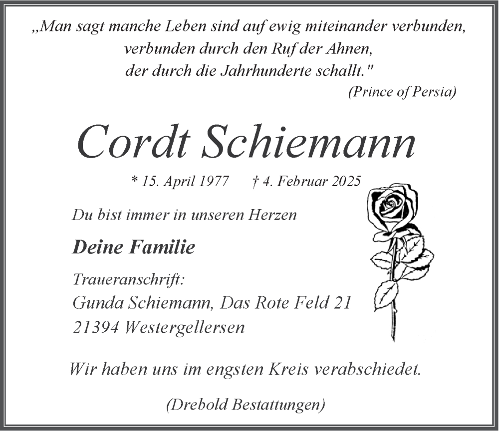 Traueranzeige für Cordt Schiemann vom 15.02.2025 aus LZ