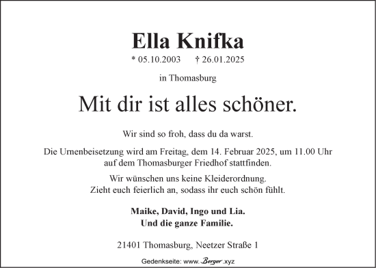 Anzeige von Ella Knifka von LZ