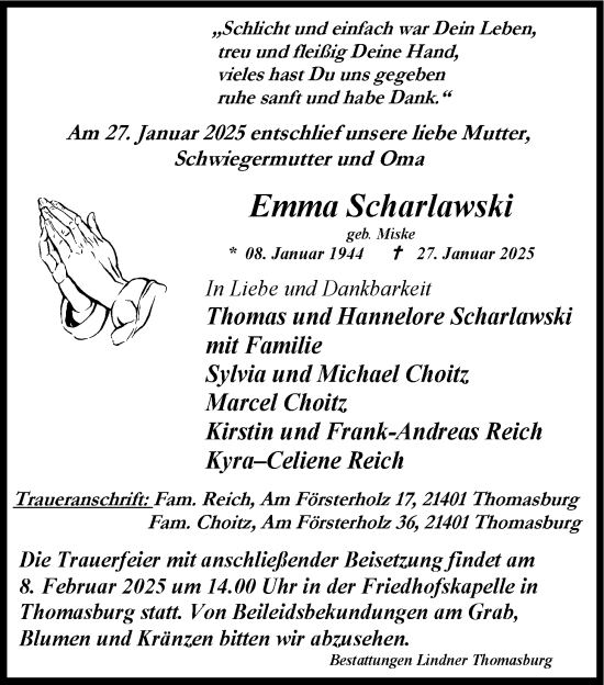 Anzeige von Emma Scharlawski von LZ