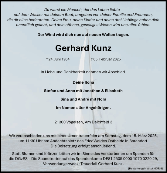 Anzeige von Gerhard Kunz von LZ