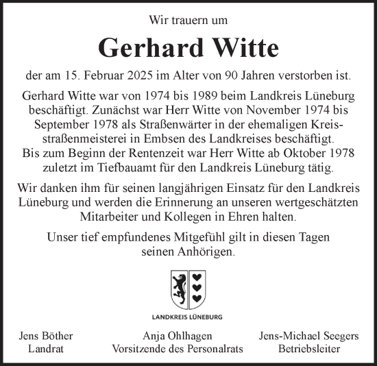 Anzeige von Gerhard Witte von LZ