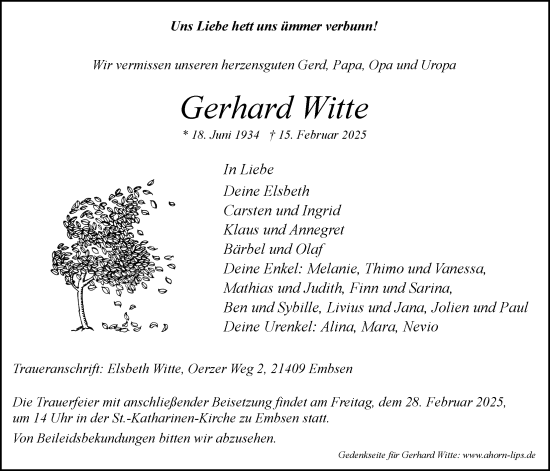 Anzeige von Gerhard Witte von LZ