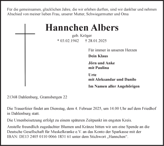 Anzeige von Hannchen Albers von LZ