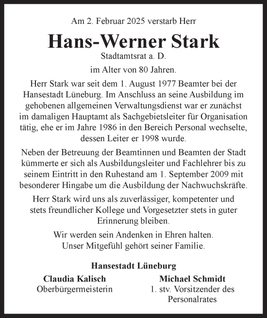 Anzeige von Hans-Werner Stark von LZ