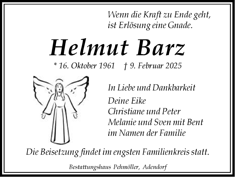  Traueranzeige für Helmut Barz vom 15.02.2025 aus LZ