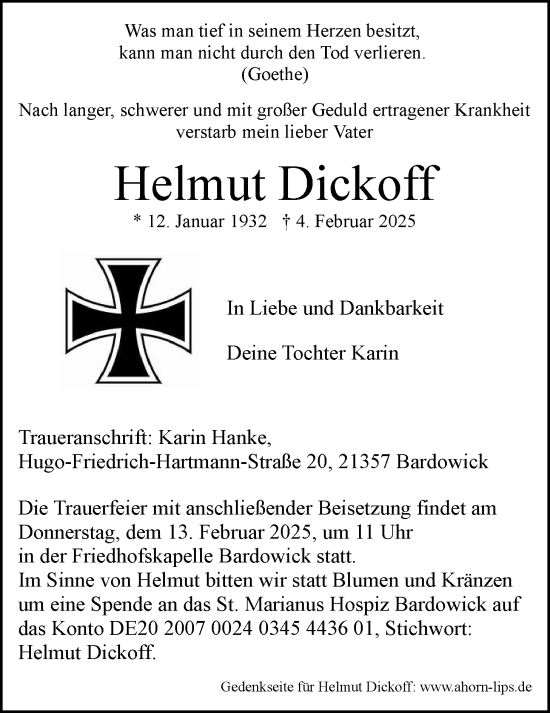 Anzeige von Helmut Dickoff von LZ