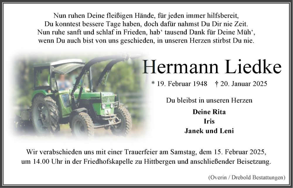  Traueranzeige für Hermann Liedke vom 08.02.2025 aus LZ