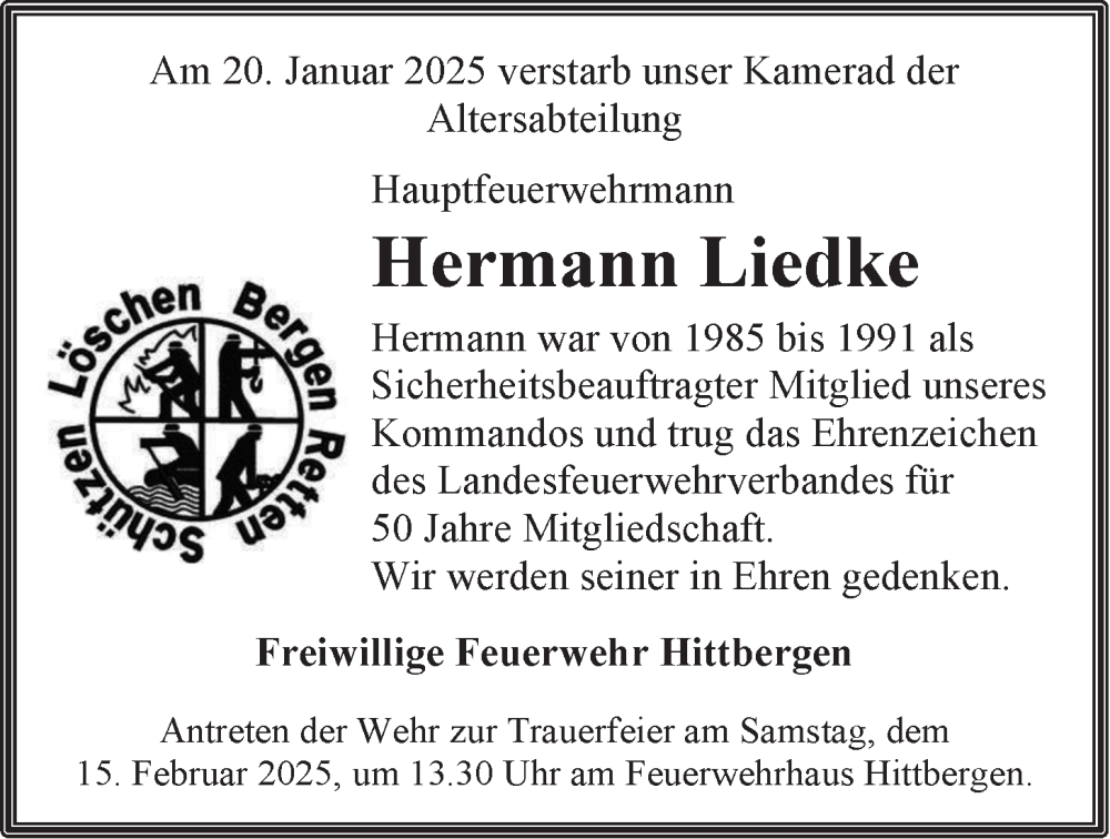 Traueranzeige für Hermann Liedke vom 08.02.2025 aus LZ