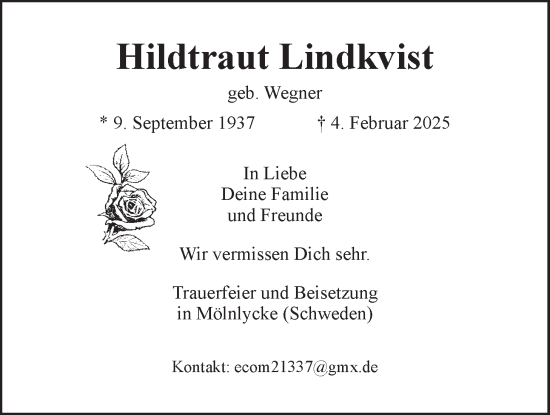 Anzeige von Hildtraut Lindkvist von LZ