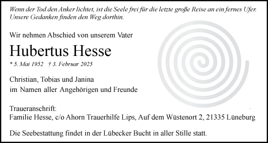 Anzeige von Hubertus Hesse von LZ
