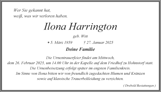 Anzeige von Ilona Harrington von LZ