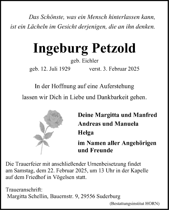 Anzeige von Ingeburg Petzold von LZ
