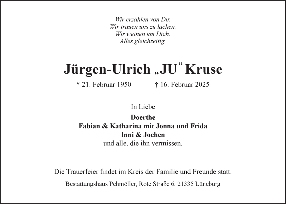  Traueranzeige für Jürgen-Ulrich Kruse vom 22.02.2025 aus LZ