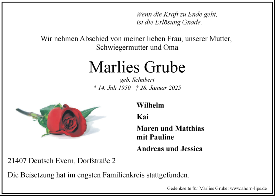 Anzeige von Marlies Grube von LZ