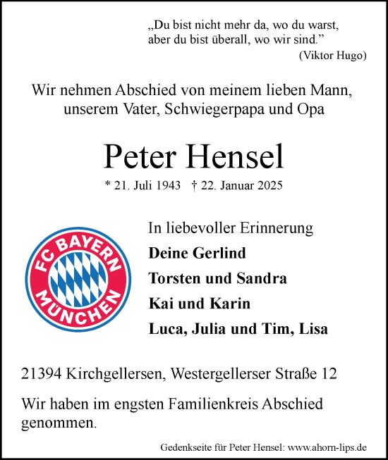 Anzeige von Peter Hensel von LZ